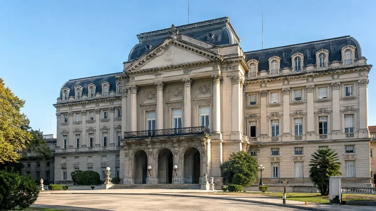 Fachada academicista de la Casa de Gobierno bonaerense en La Plata, con balcón de honor y columnas clásicas
