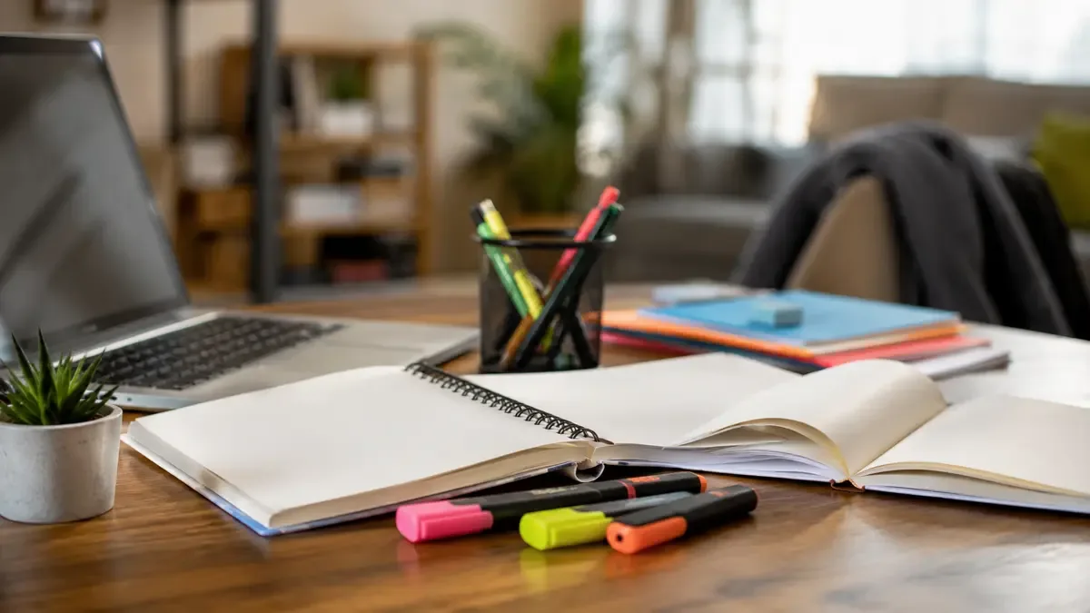 Cuadernos abiertos y resaltadores sobre una mesa de estudio en una casa