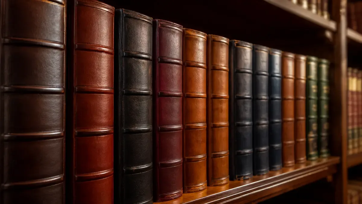 Hilera de libros gruesos encuadernados alineados en un estante